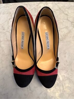Luciano Padovan Black and Burgundy Suede Pump with Buckle
